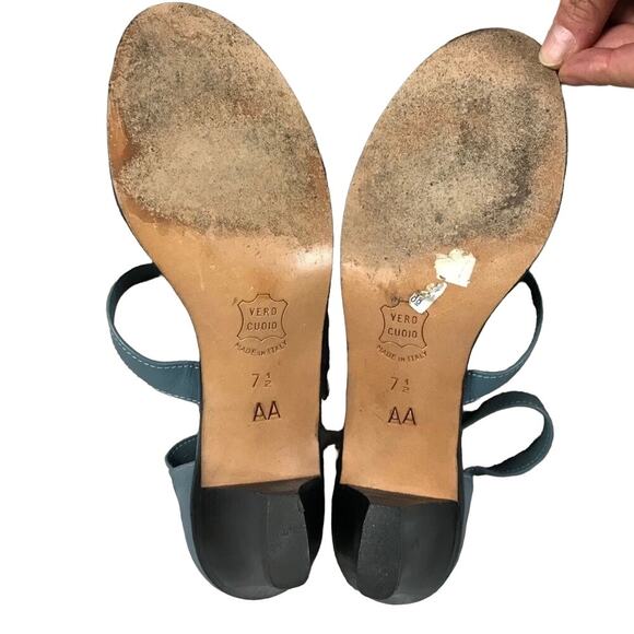 VINTAGE CHARLES JOURDAN Blue Leather Sandals Block Heels Italy 7.5 AA Narrow EUC - Picture 6 of 8